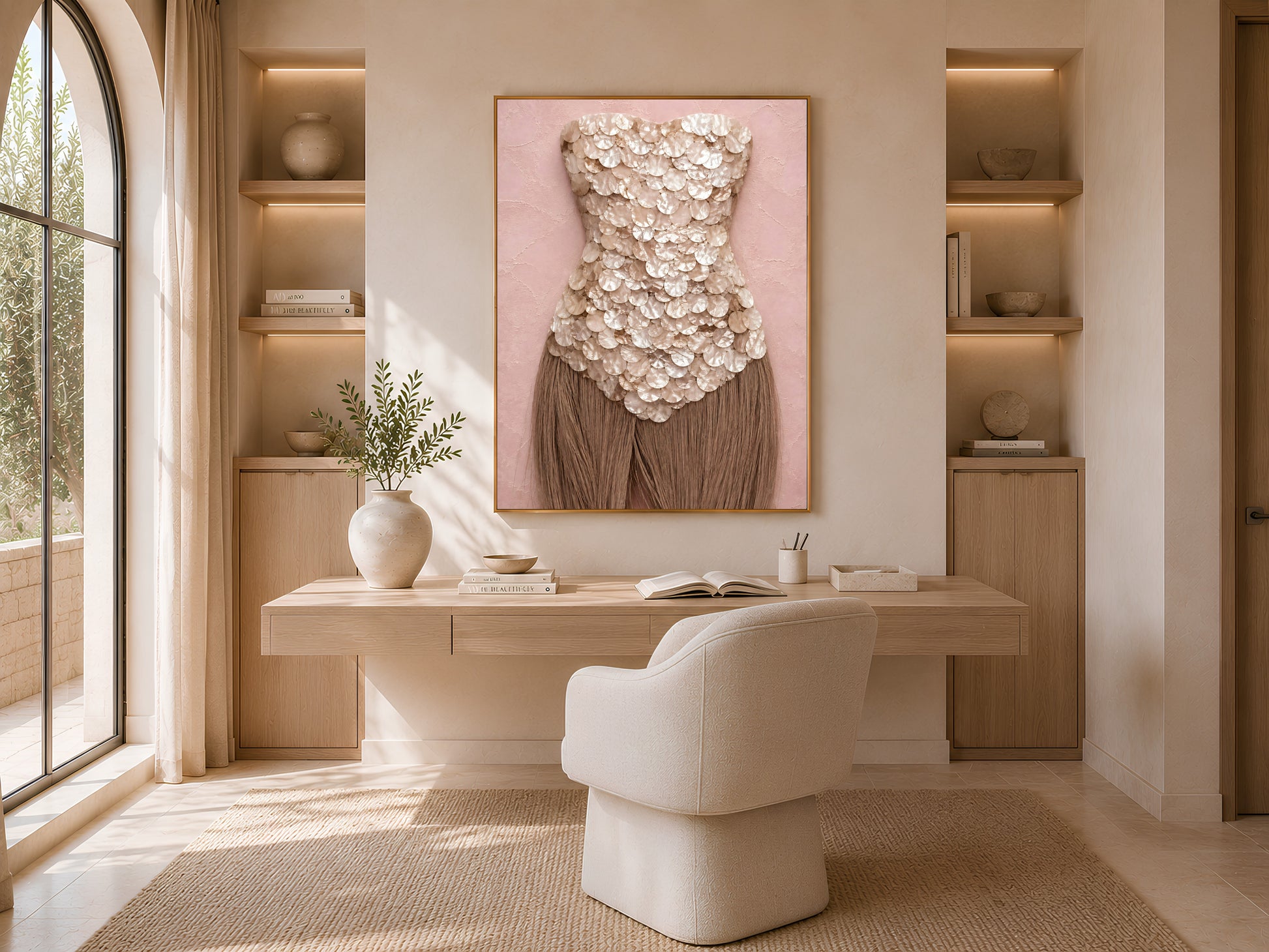 Mother of pearl wall art framed in gold, hung above a built-in desk nook in a sunlit reading corner.