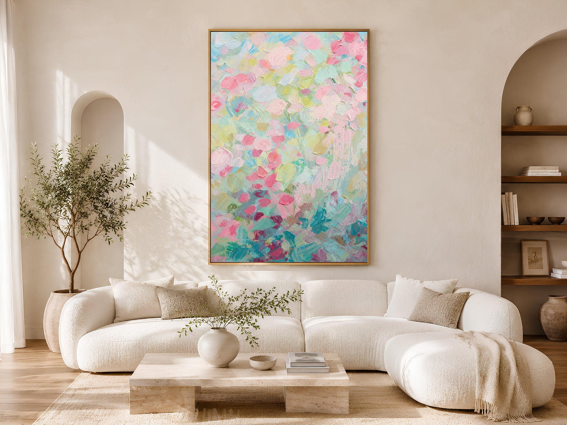 Pastel floral impasto wall art above white sofa in sunlit arched living room
