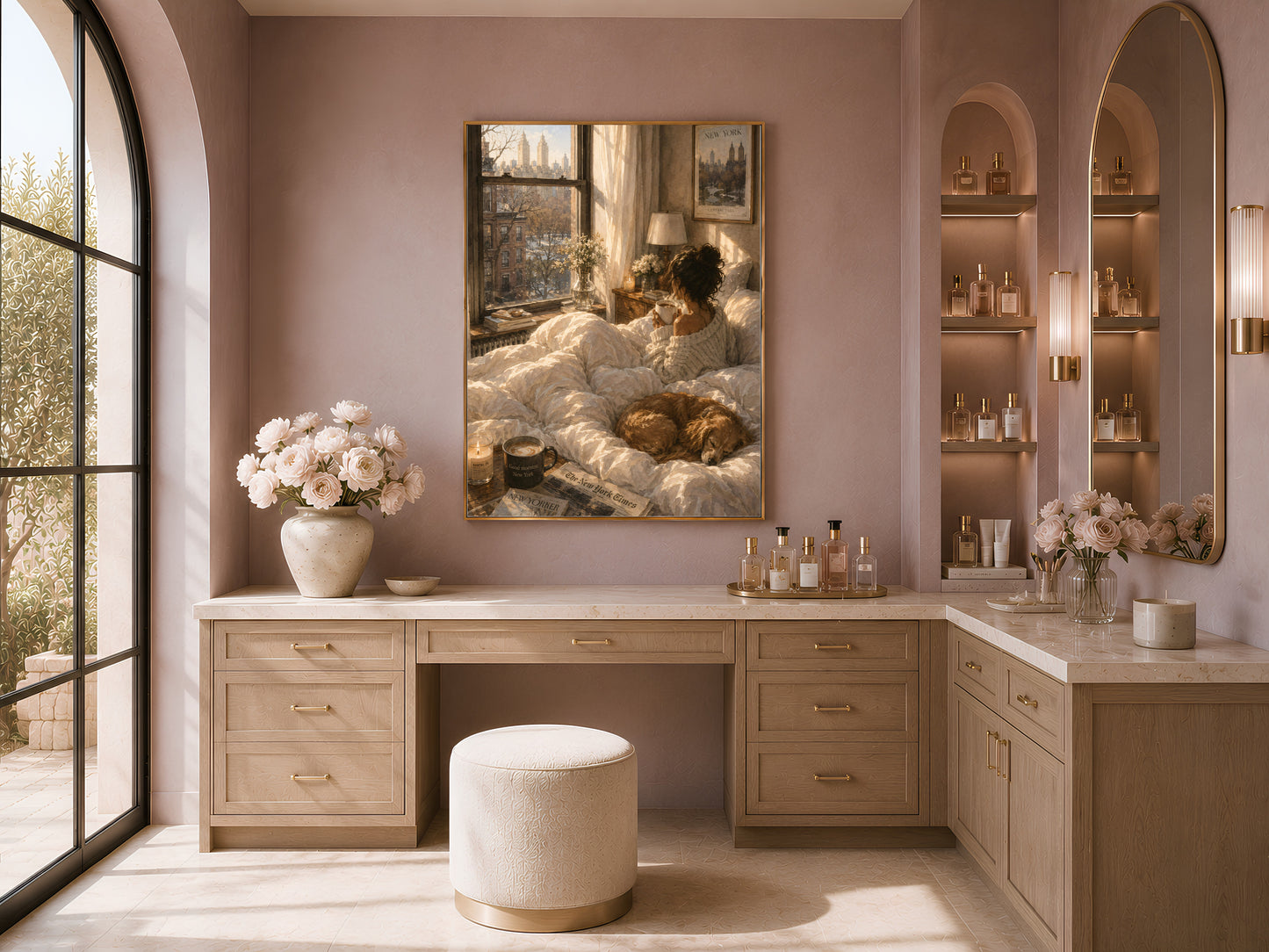 Framed cozy New York print above a bedroom vanity and stool