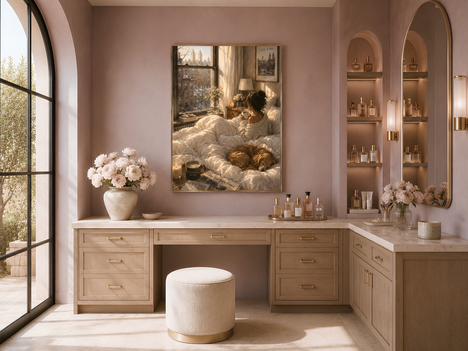 Framed cozy New York print above a bedroom vanity and stool