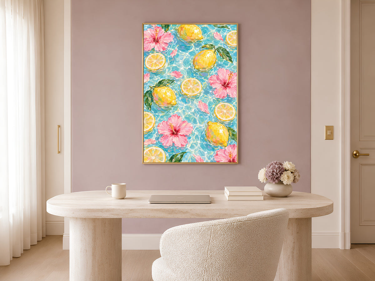 Lemon Hibiscus Pool Art Print, Amalfi Summer Wall Art - Digital Download