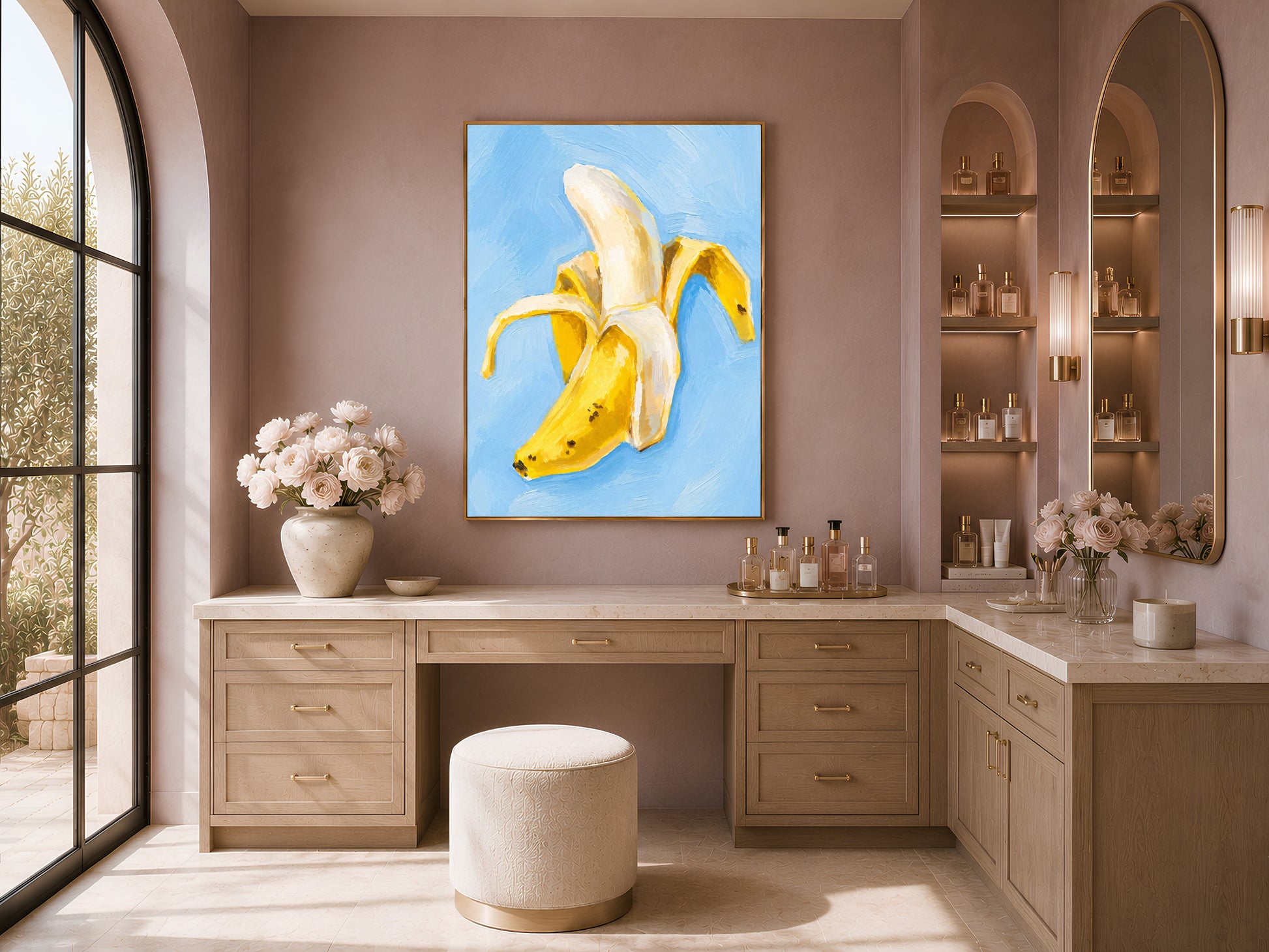 Framed banana still life print in kitchen nook with open shelves, light blue oil painting wall art