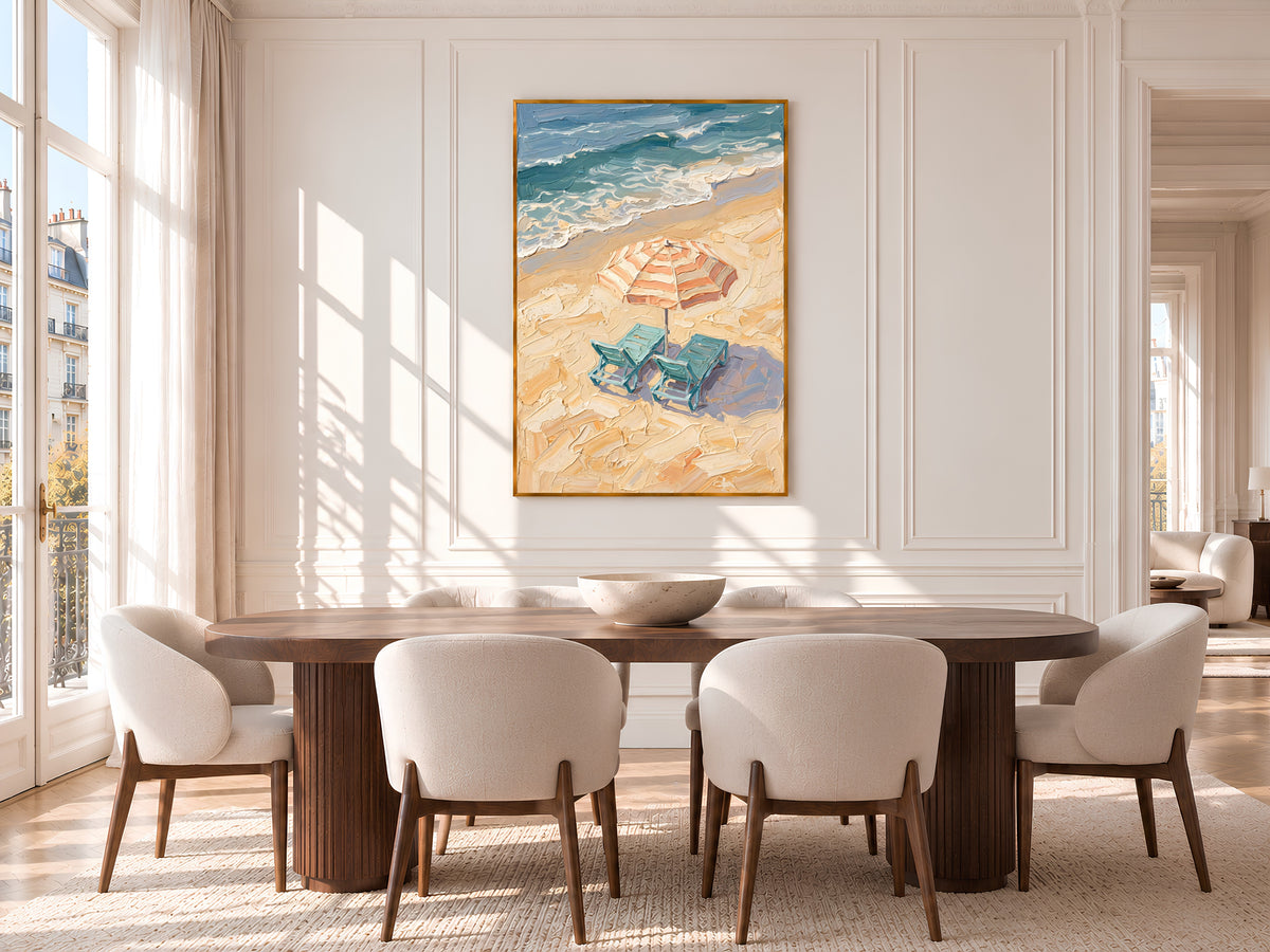 Beach Umbrella Painting Print, Striped Parasol Seaside Art, Textured Coastal Wall Art, Printable Digital Download