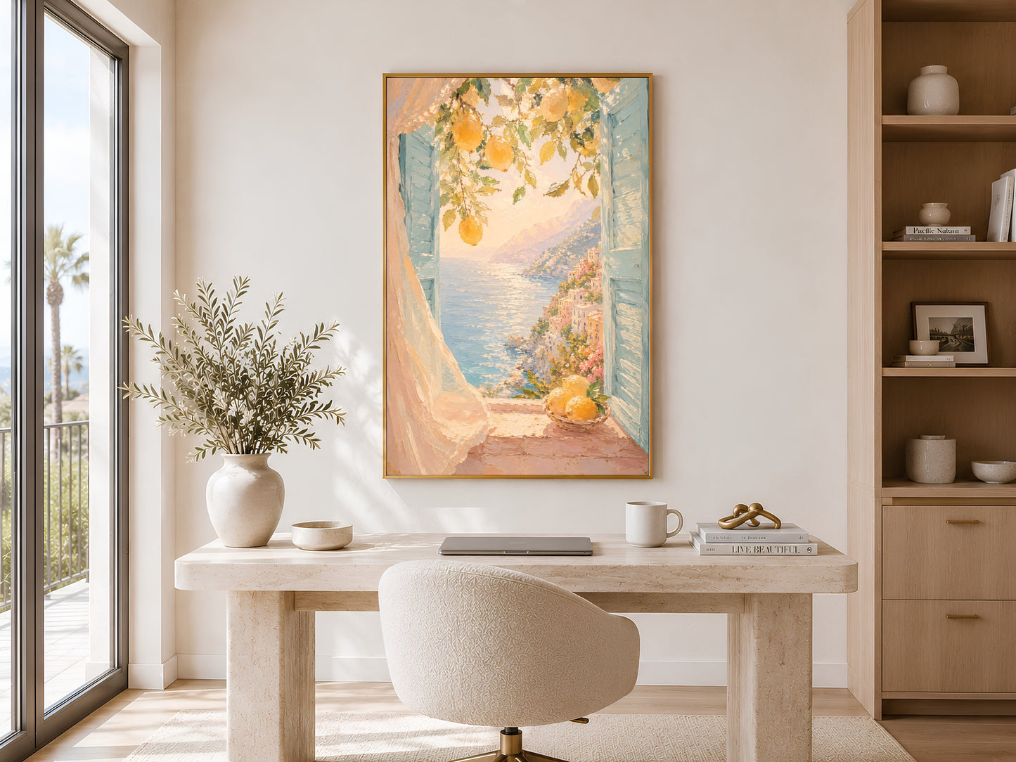 Italian lemon Mediterranean print in gold frame in a calm neutral home office with tall window and round dining chairs