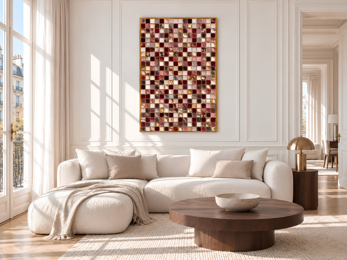 Pink and Burgundy Mosaic Tile Wall Art Print, Dusty Rose, Mauve and Gold Tile Grid Painting, Printable Romantic Decor, Digital Download