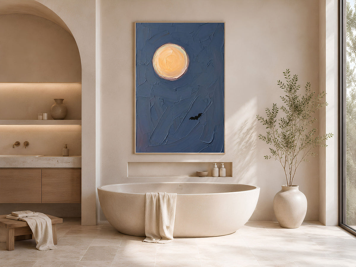 Moon and Bat Wall Art, Impasto Oil Painting Print - Digital Download