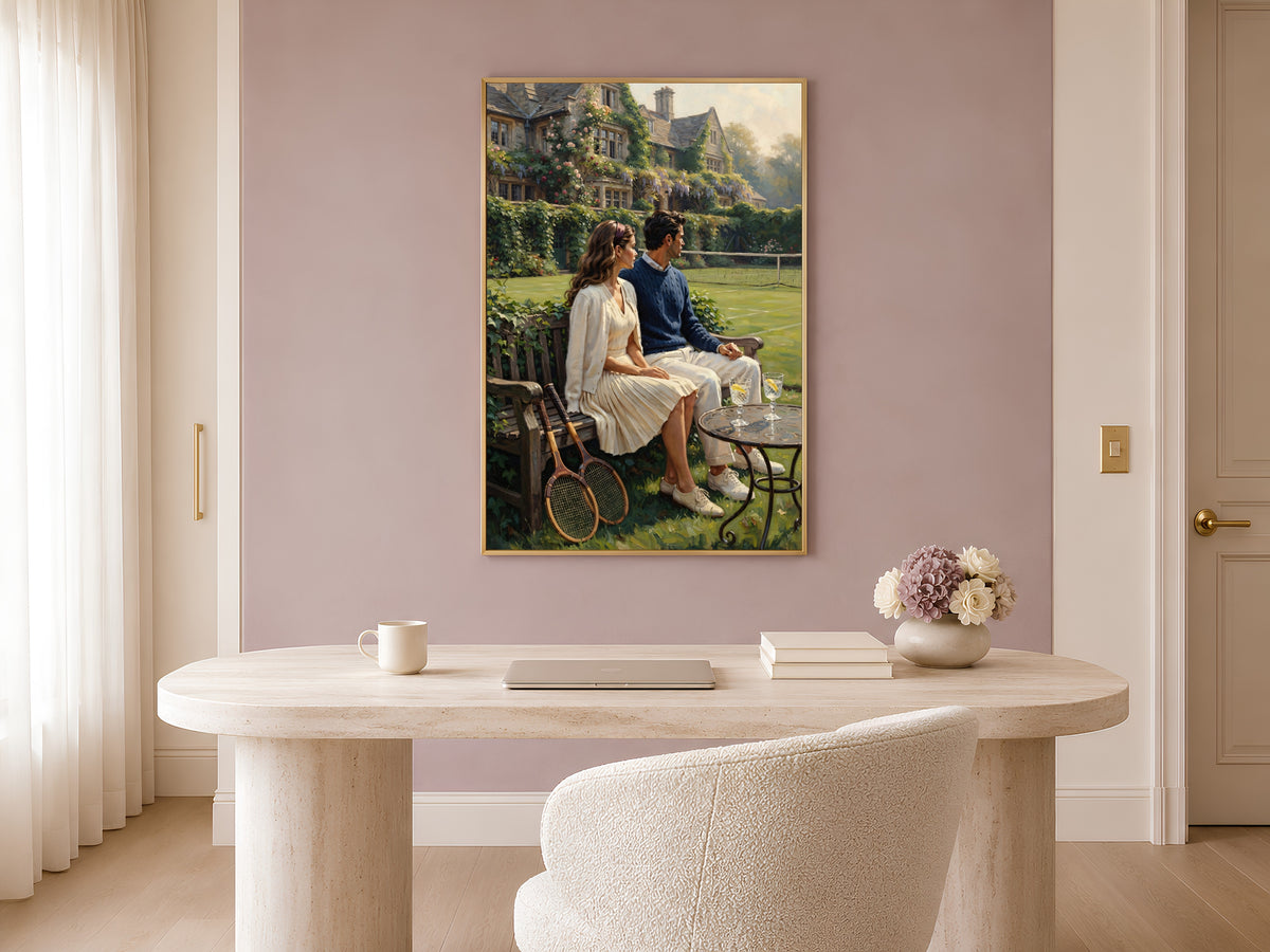Old Money Tennis Couple Wall Art, Vintage English Countryside Oil Painting Print - Digital Download