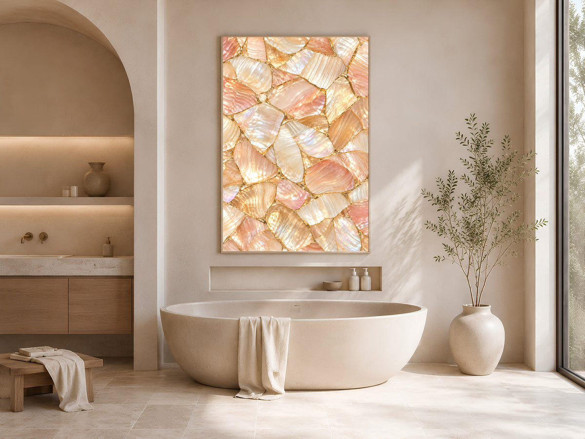 Peach Mother of Pearl Wall Art, Apricot Shell Mosaic Print, Gold Kintsugi, Warm Blush Bedroom Decor, Riviera Summer Poster, Instant Download