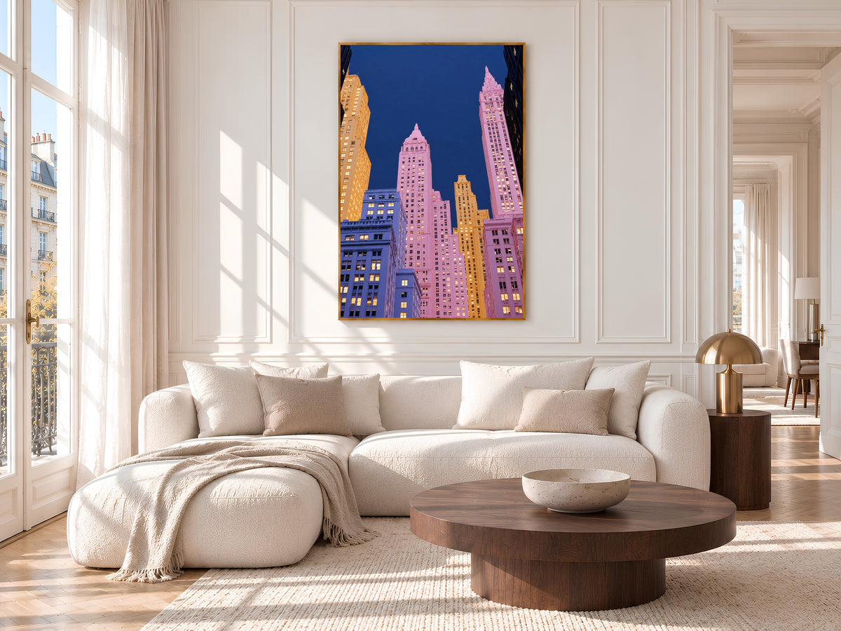 Pink City Skyline Wall Art Print, New York Inspired Art Deco Skyscrapers at Night, Pastel Pink and Navy Printable Decor, Digital Download