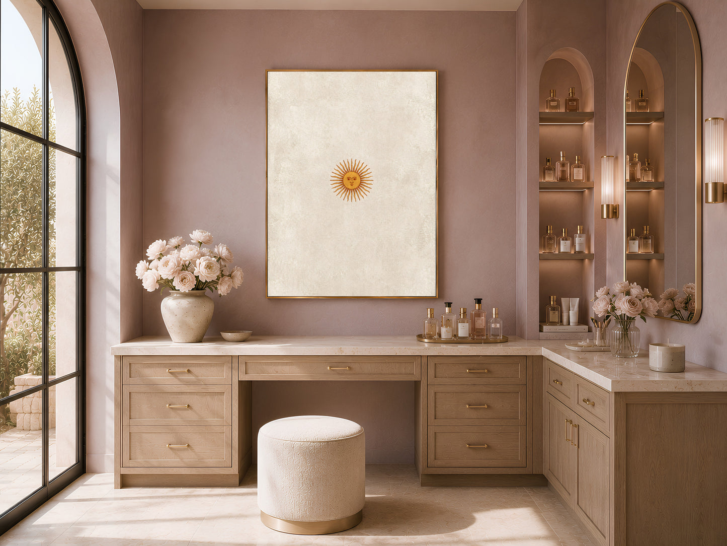 Vintage sun face wall art displayed above a vanity desk with fresh florals, celestial gallery print in neutral tones