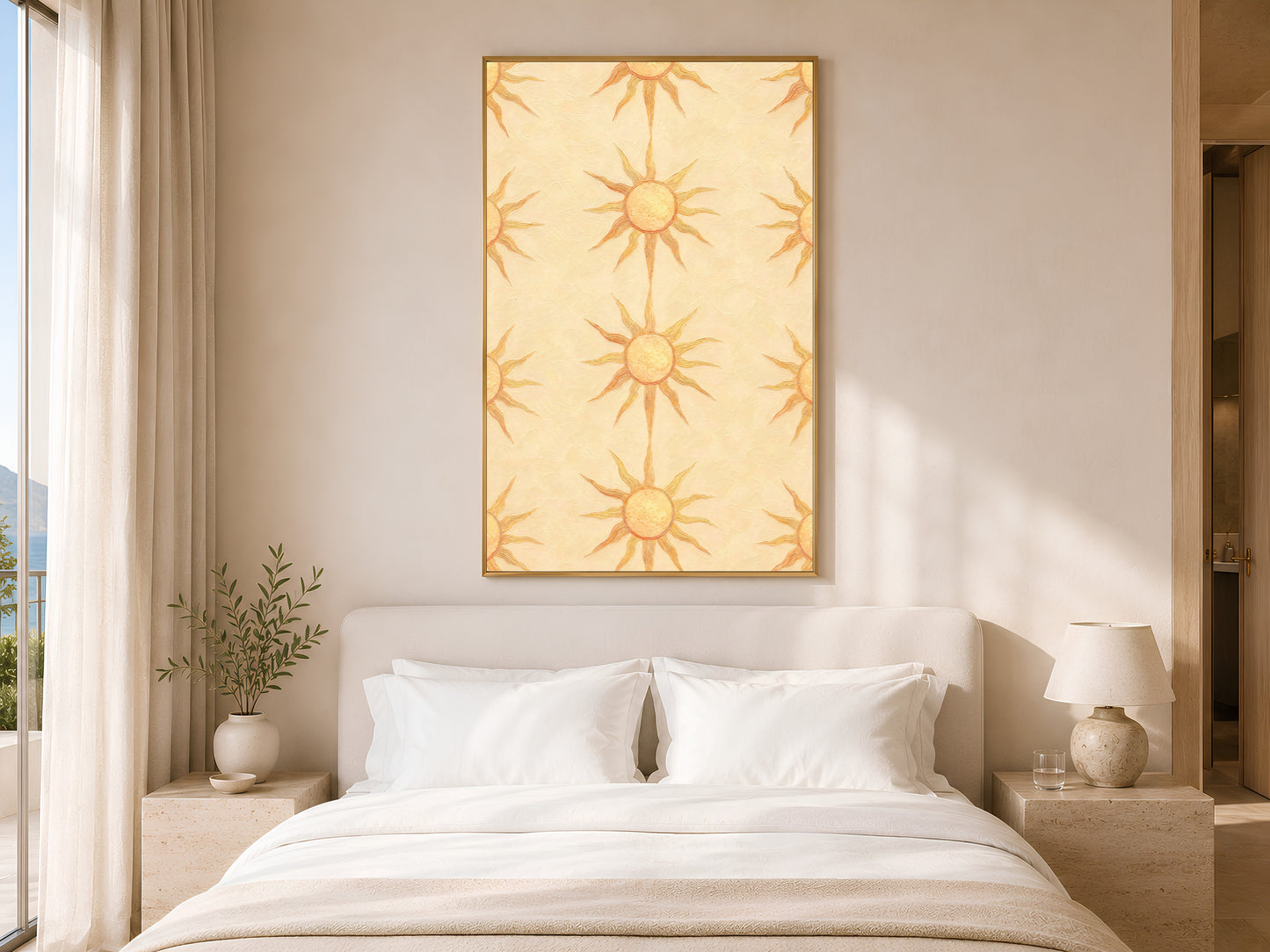 Butter yellow sun motif print framed above a bed in a sunlit neutral bedroom
