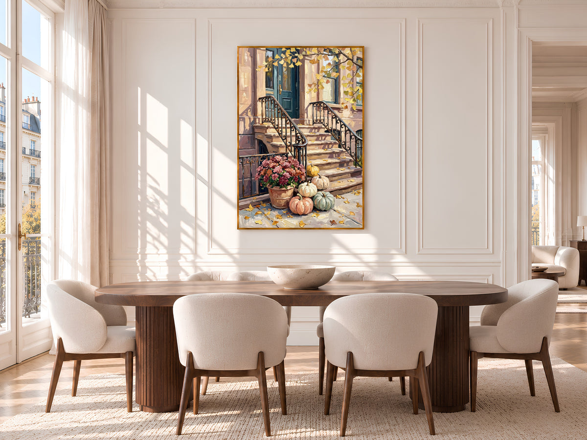 Fall Brownstone Stoop Painting Print, Autumn Pumpkins City Art, Pastel Fall Wall Decor, Printable Digital Download
