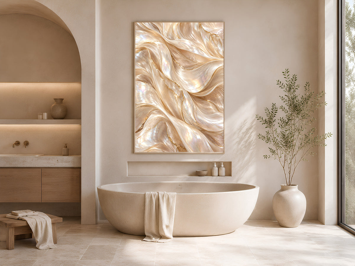 Pearl Abstract Wall Art, Champagne Gold Wave Print, Neutral Iridescent Swirl, Cream Living Room Decor, Above Sofa Poster, Instant Download