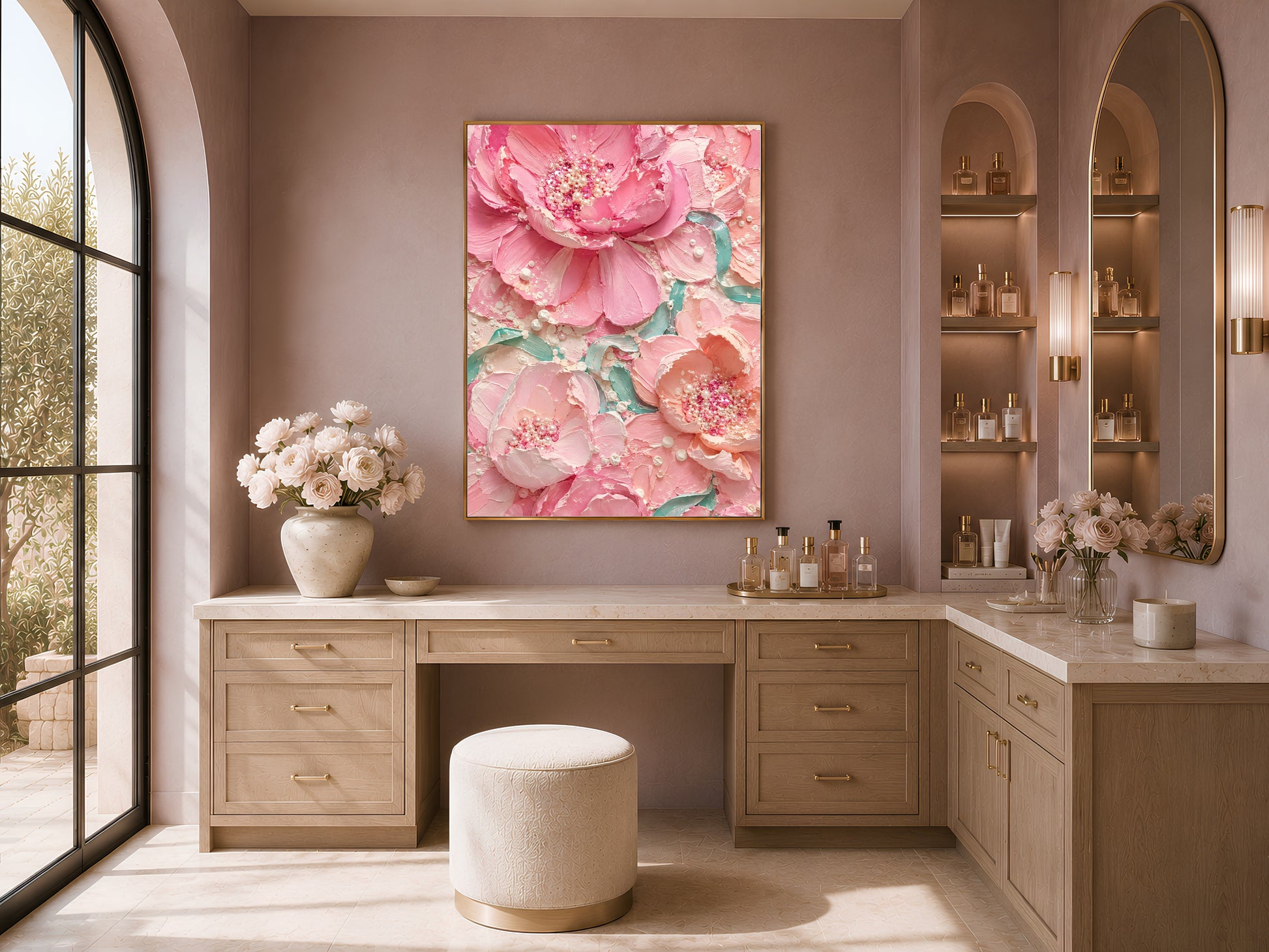 Pink peony printable art framed above a bathroom counter with mirror