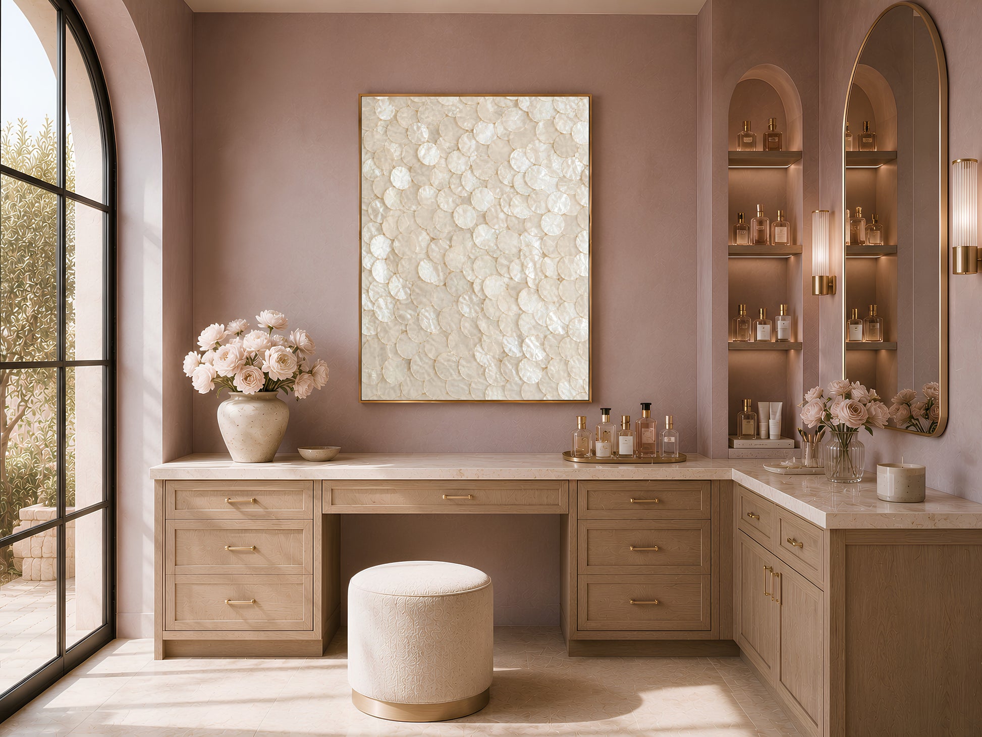 Arched hallway with a shelving nook and capiz shell wall art print framed in gold
