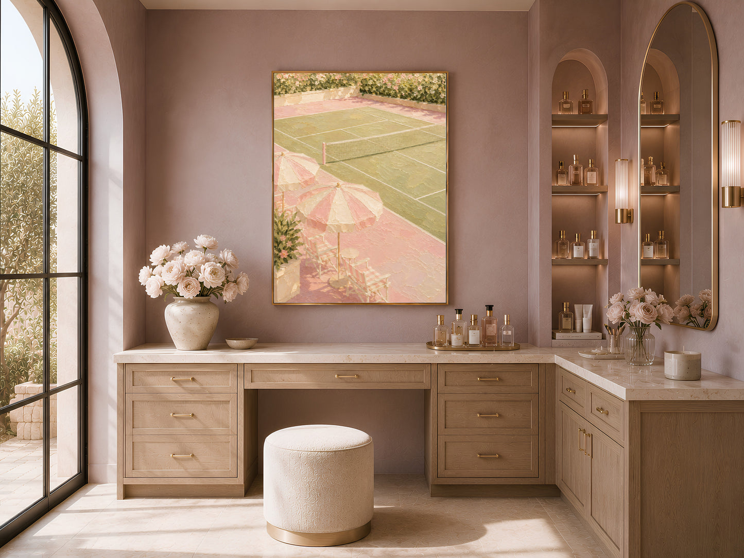 Pink tennis court print framed above desk in home office, preppy country club wall art
