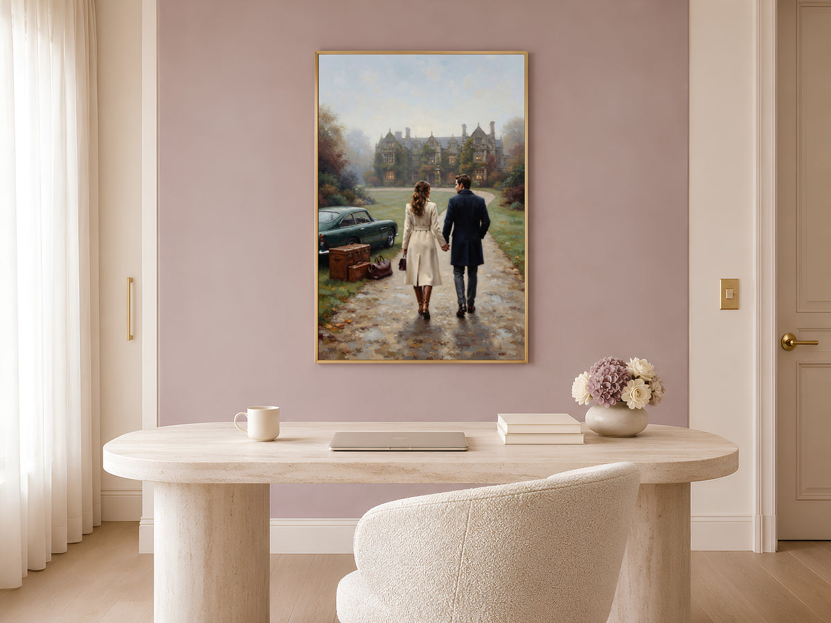 English Manor Estate Wall Art, Autumn Couple Oil Painting Print - Digital Download