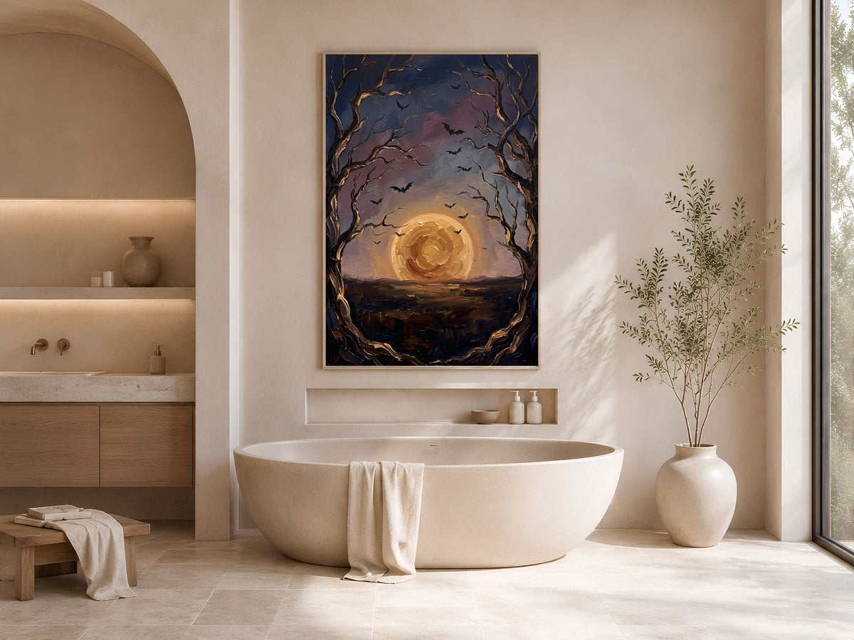 Moon and Bats Wall Art, Impasto Oil Painting Print - Digital Download