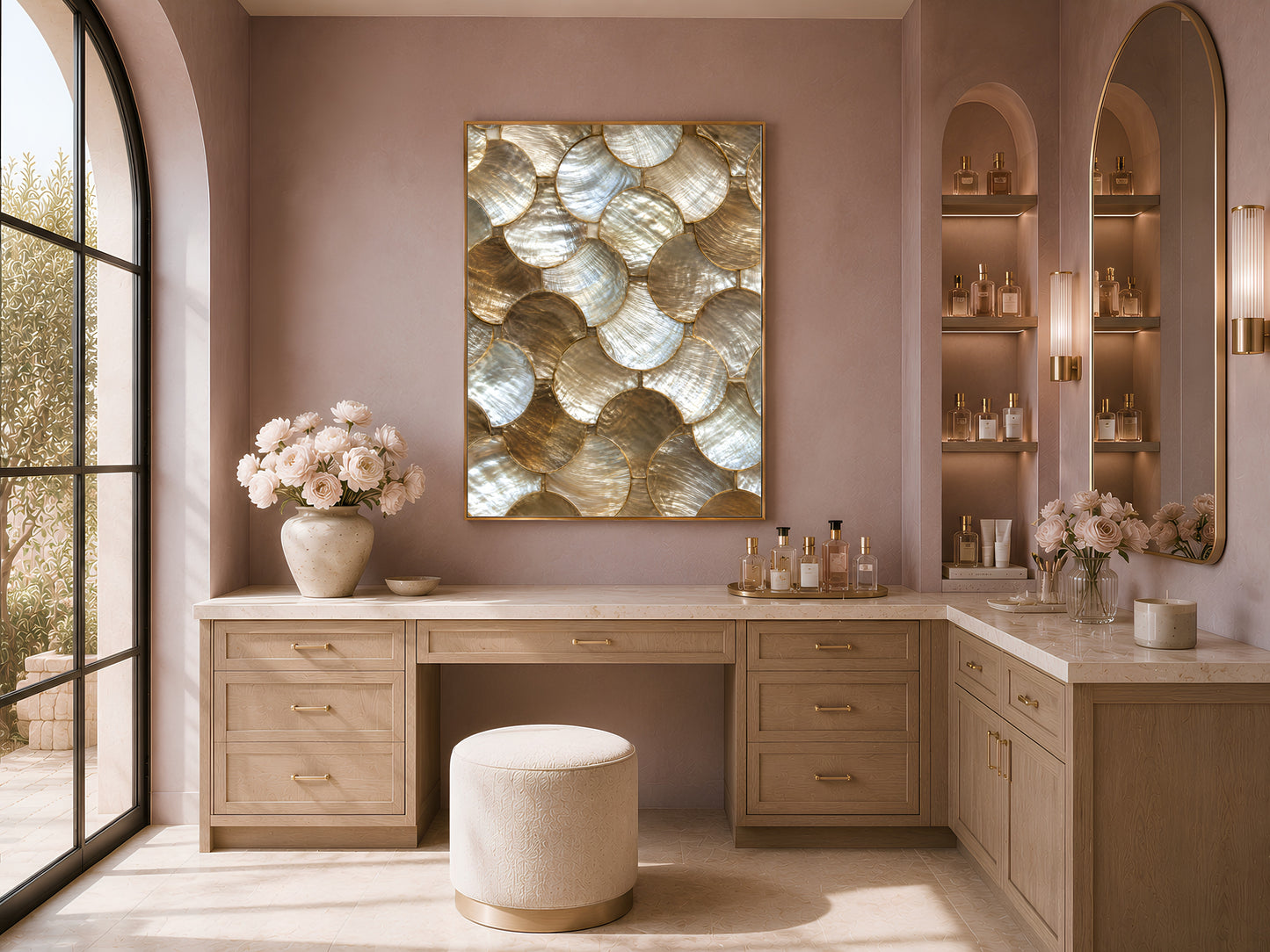 Gold abstract wall art print framed above a wood vanity nook with candles and a mauve accent wall.
