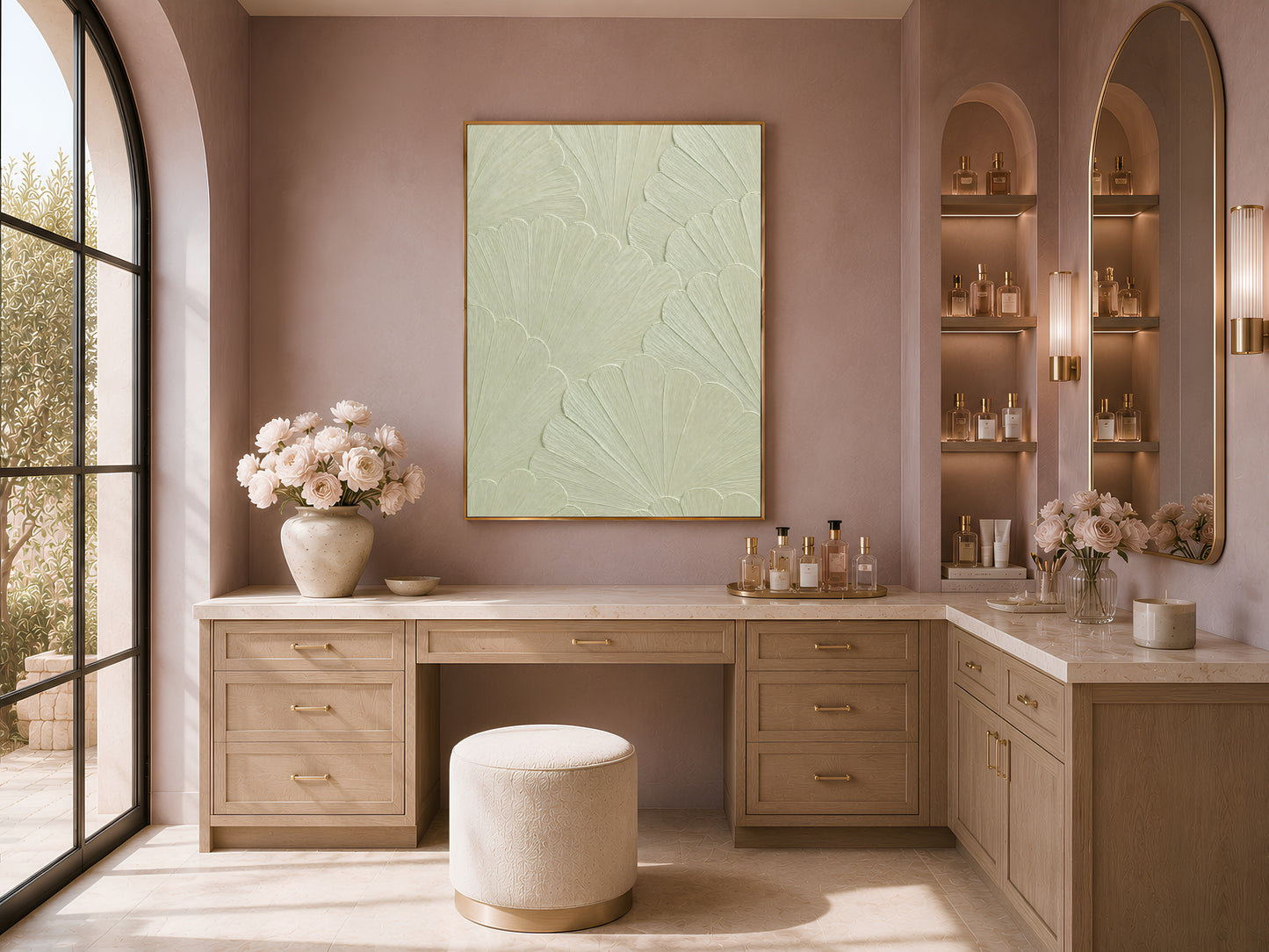 Celadon wall art displayed above a bathroom vanity with towels and fresh flowers