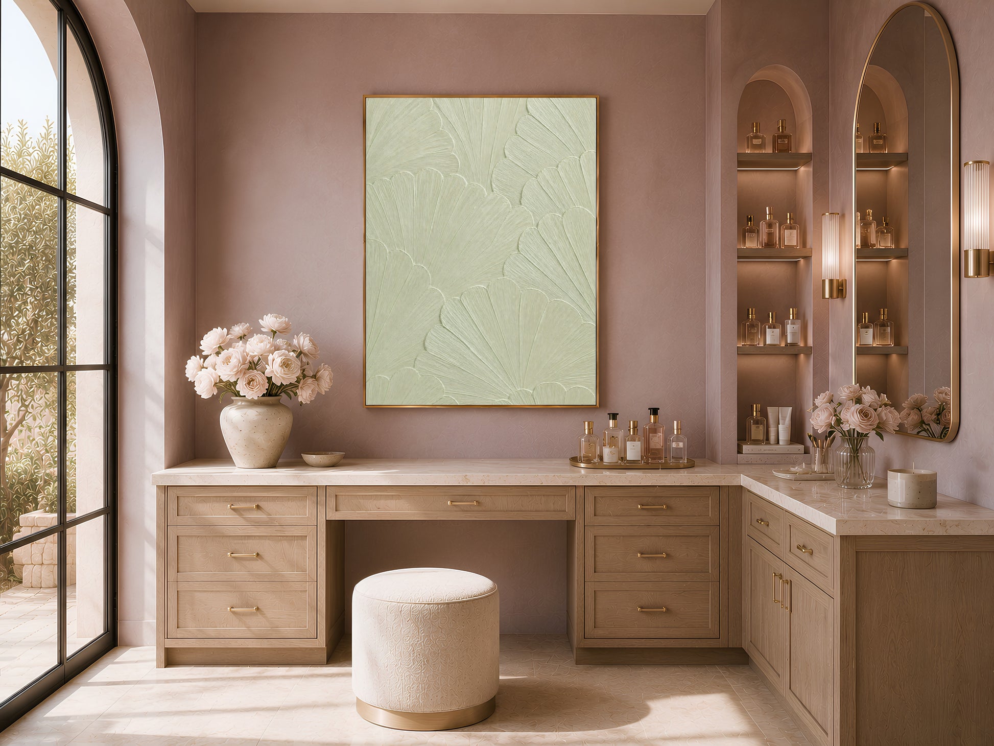 Celadon wall art displayed above a bathroom vanity with towels and fresh flowers