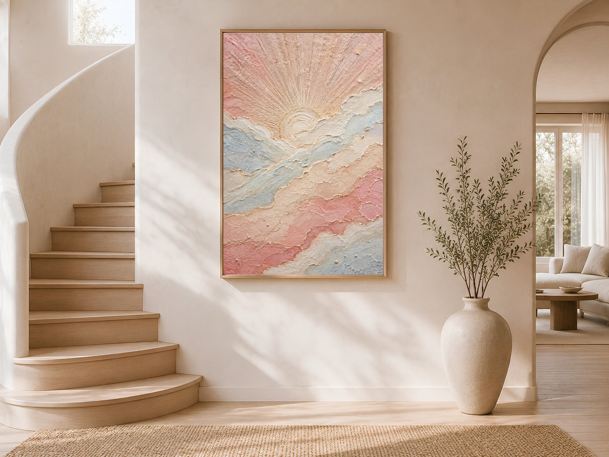 Pastel sun wall art print in entryway with curved staircase, boho impasto sunrise painting digital download

