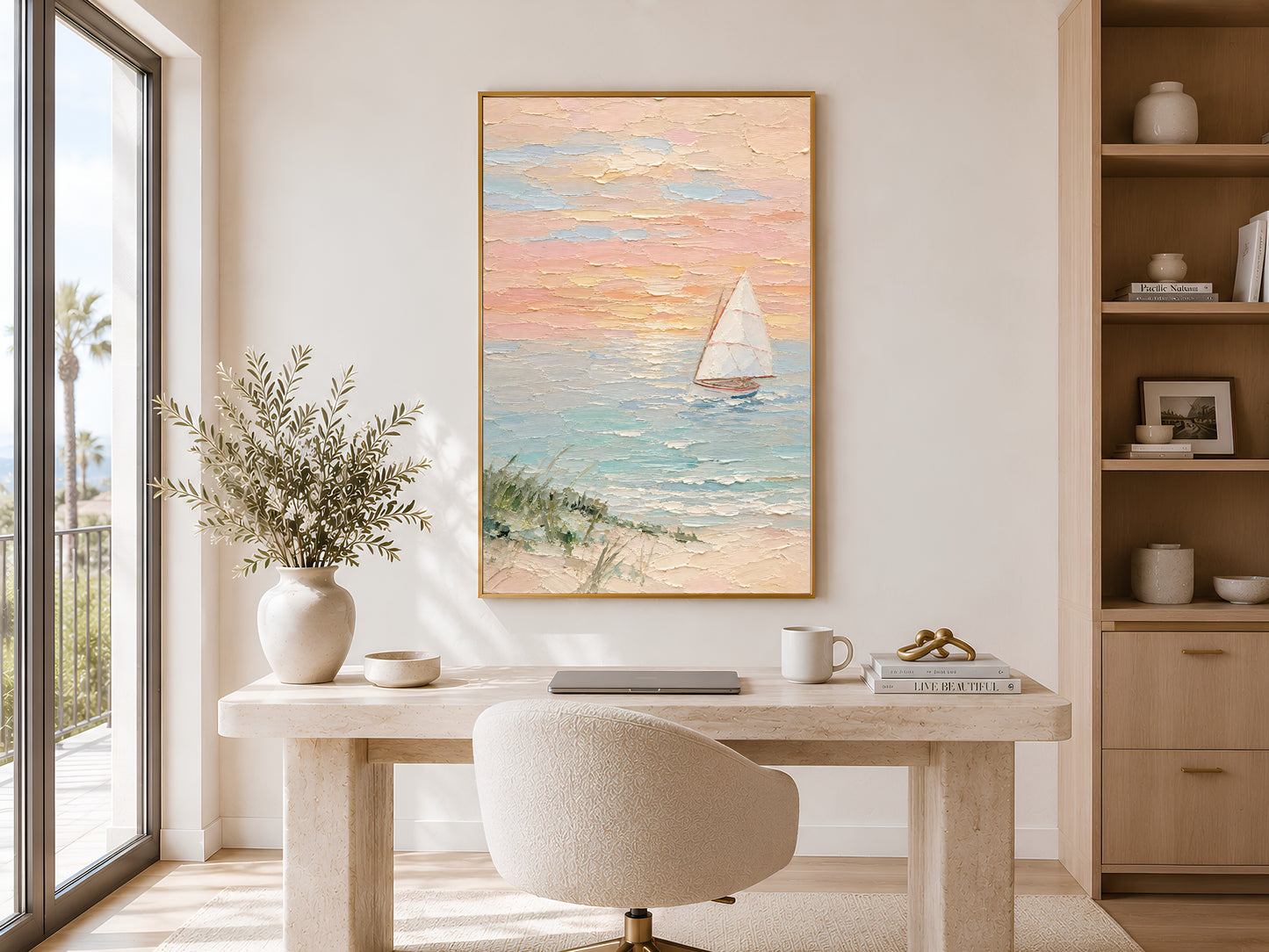 Framed pastel sailboat seascape impasto print displayed on wall in a bright minimal home office or study with wooden desk, round chair, and large window
