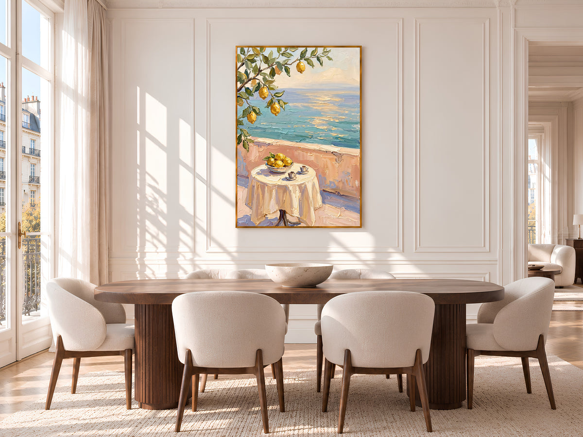 Lemon Tree Sea View Painting Print, Mediterranean Terrace Wall Art, Textured Coastal Art, Printable Digital Download