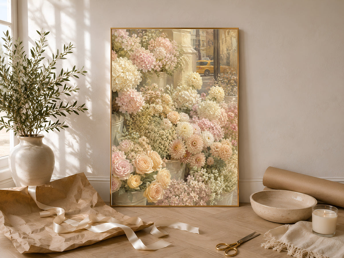 Flower Market Wall Art, Pastel Floral Print, Painterly City Flowers Painting - Digital Download