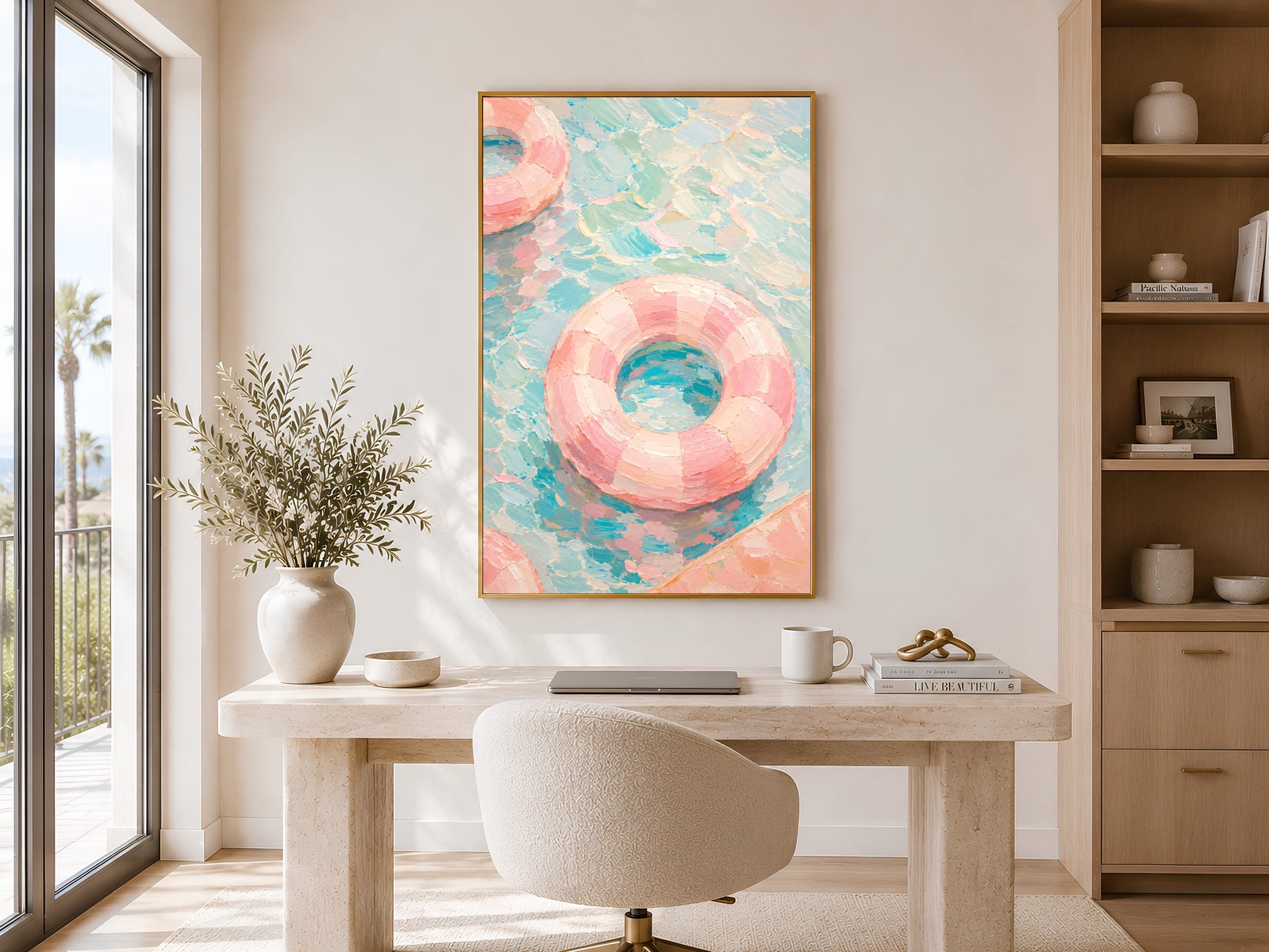 
Pink pool ring oil painting print in gold frame displayed in a calm neutral home office with round dining table