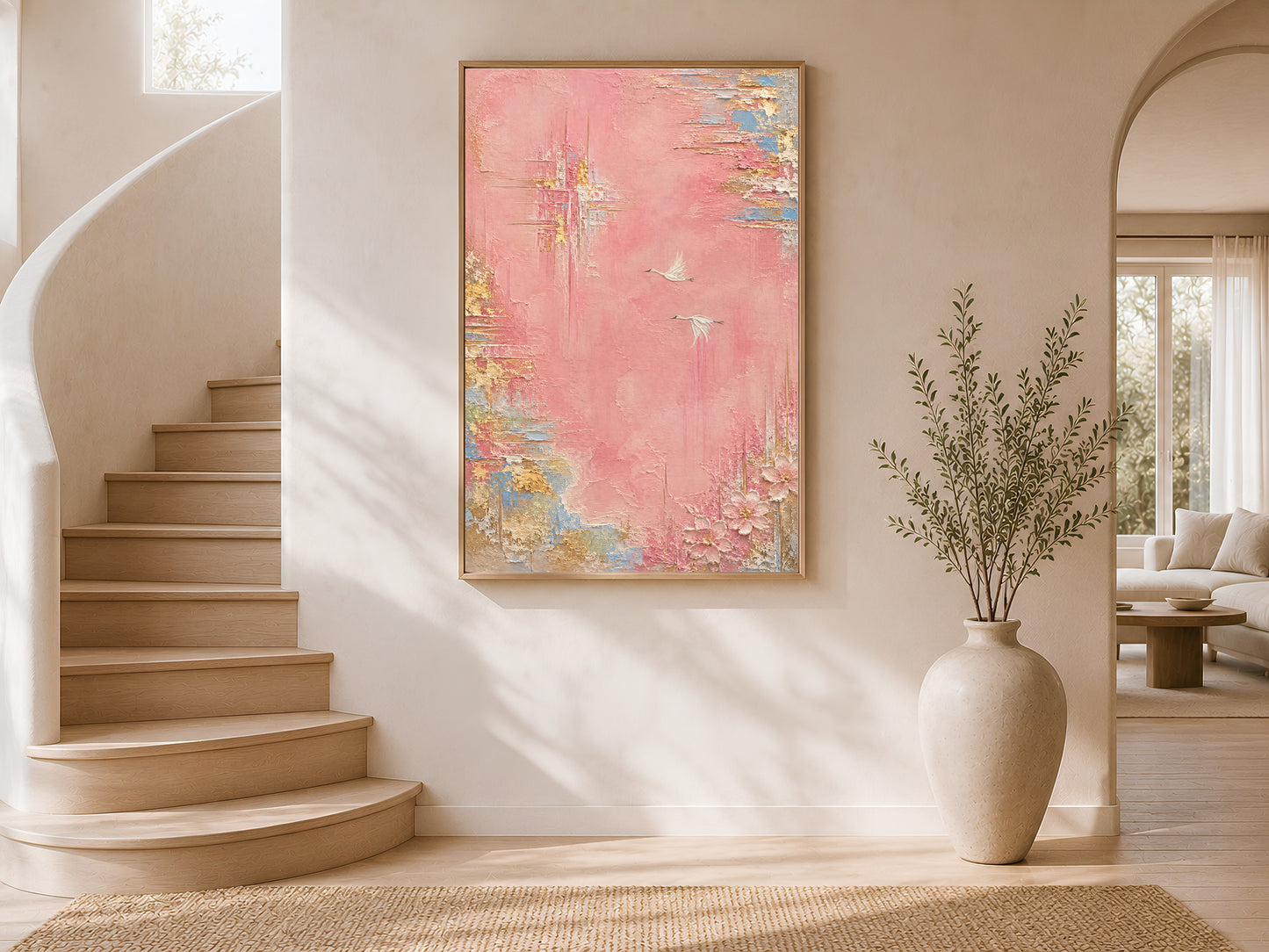 Pink and gold abstract wall art print in entryway with curved staircase, textured crane bird painting digital download
