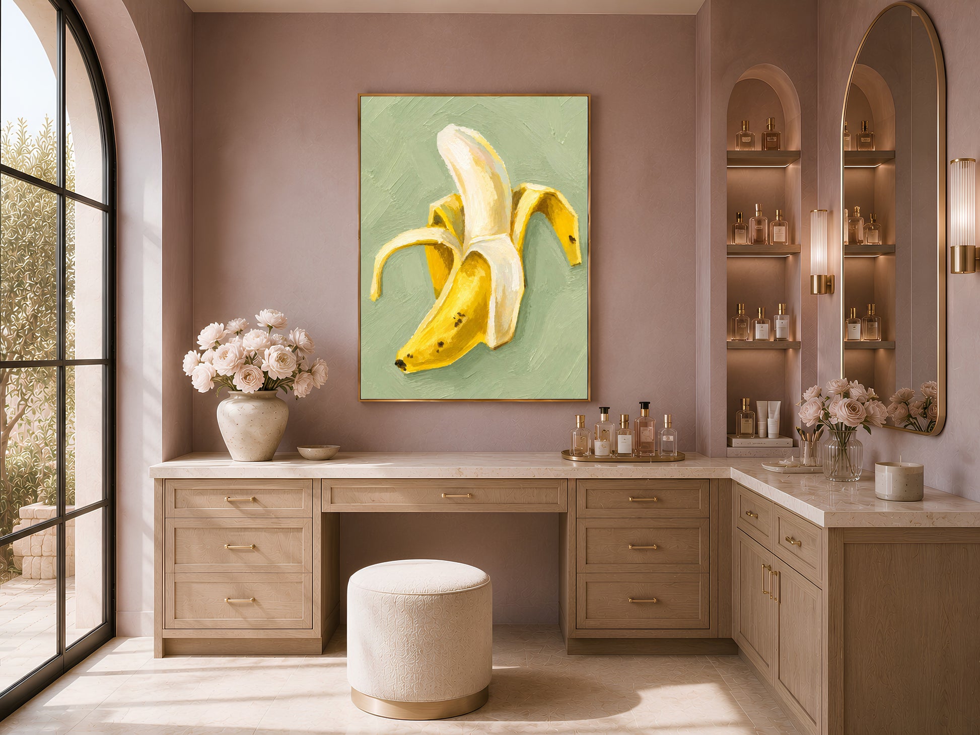 Framed banana still life print in kitchen nook with open shelves, sage green oil painting wall art