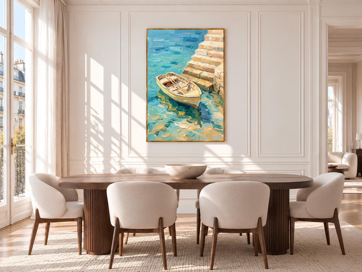 Rowboat Painting Print, Turquoise Sea Boat Art, Textured Coastal Wall Art, Mediterranean Decor, Printable Digital Download
