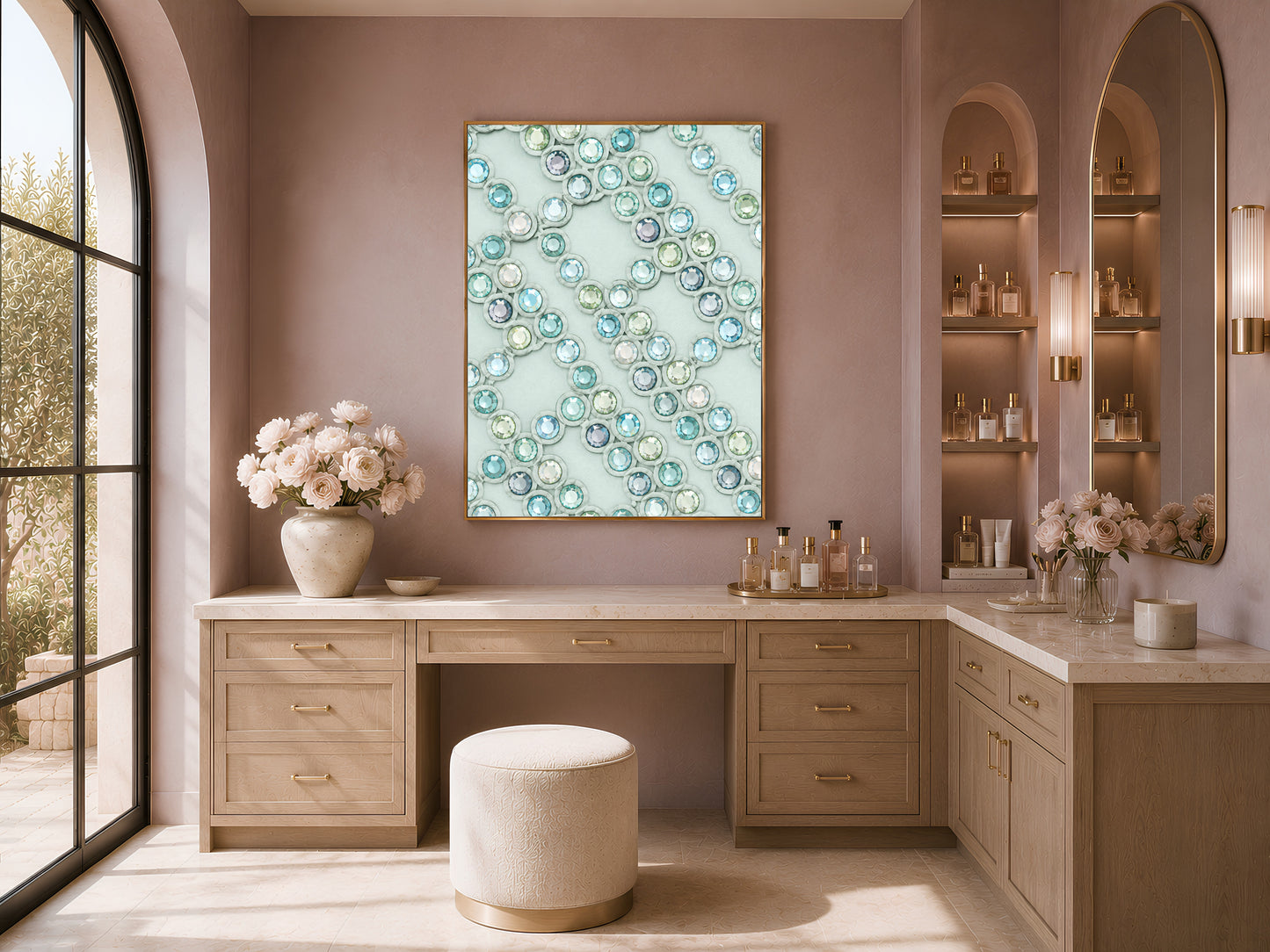 Crystal gemstone wall art framed above a dressing table with stool in a sunlit vanity nook