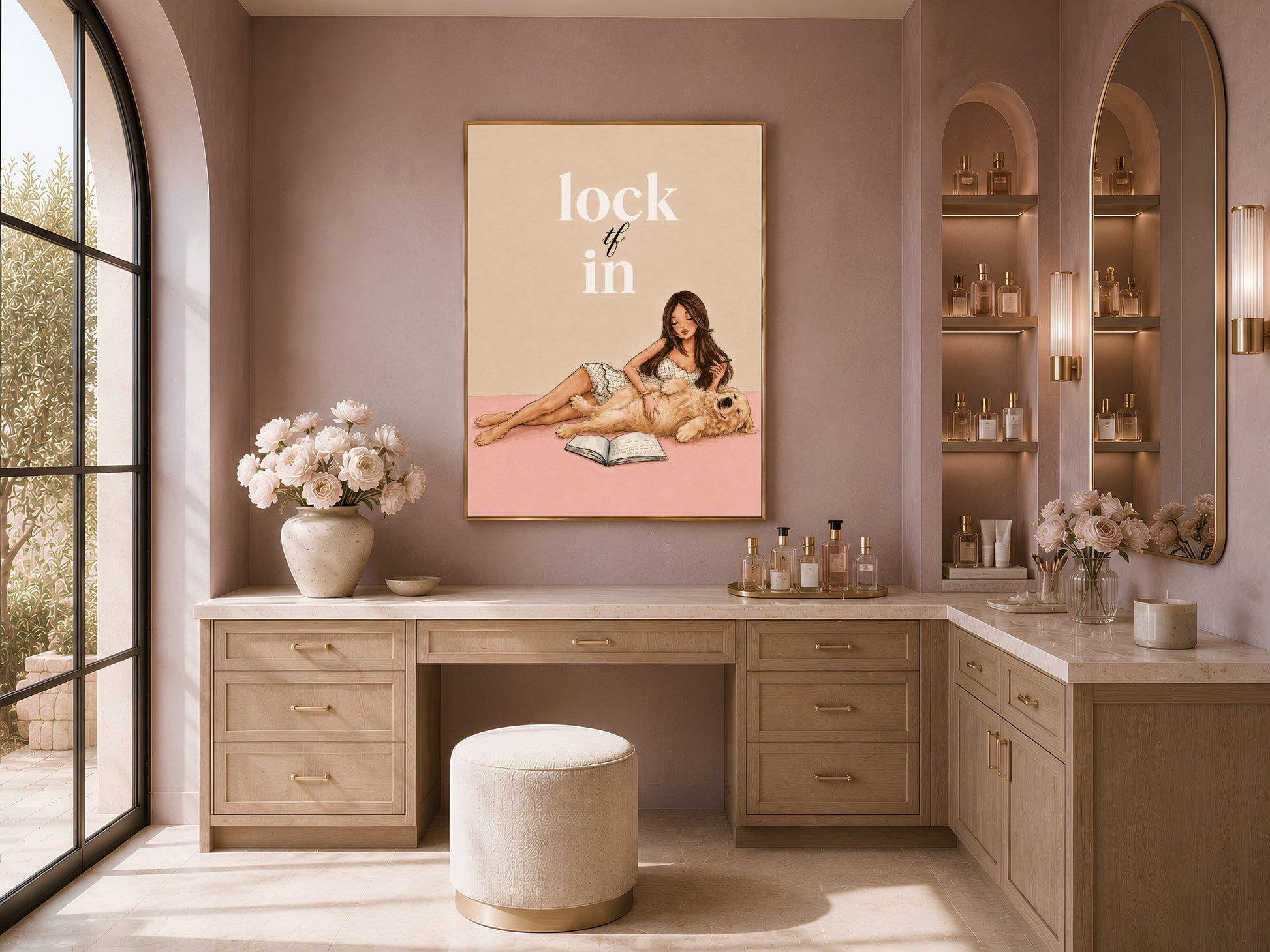 Lock TF In wall art displayed in a modern kitchen with dark cabinetry, funny motivational print for home office or study nook
