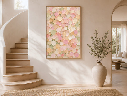 Textured circle wall art framed and displayed on a curved staircase wall with natural light.

