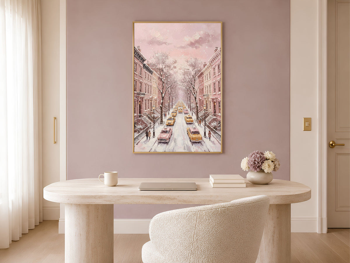 Pink NYC Taxi Wall Art, Snowy New York Street Print - Digital Download