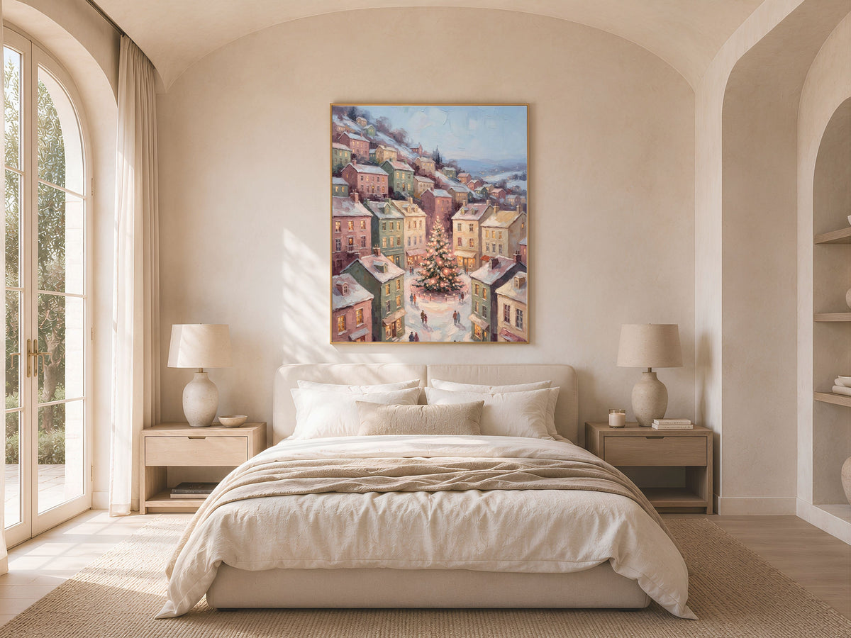 Scandinavian Christmas Wall Art, Pastel Town Square Print - Digital Download