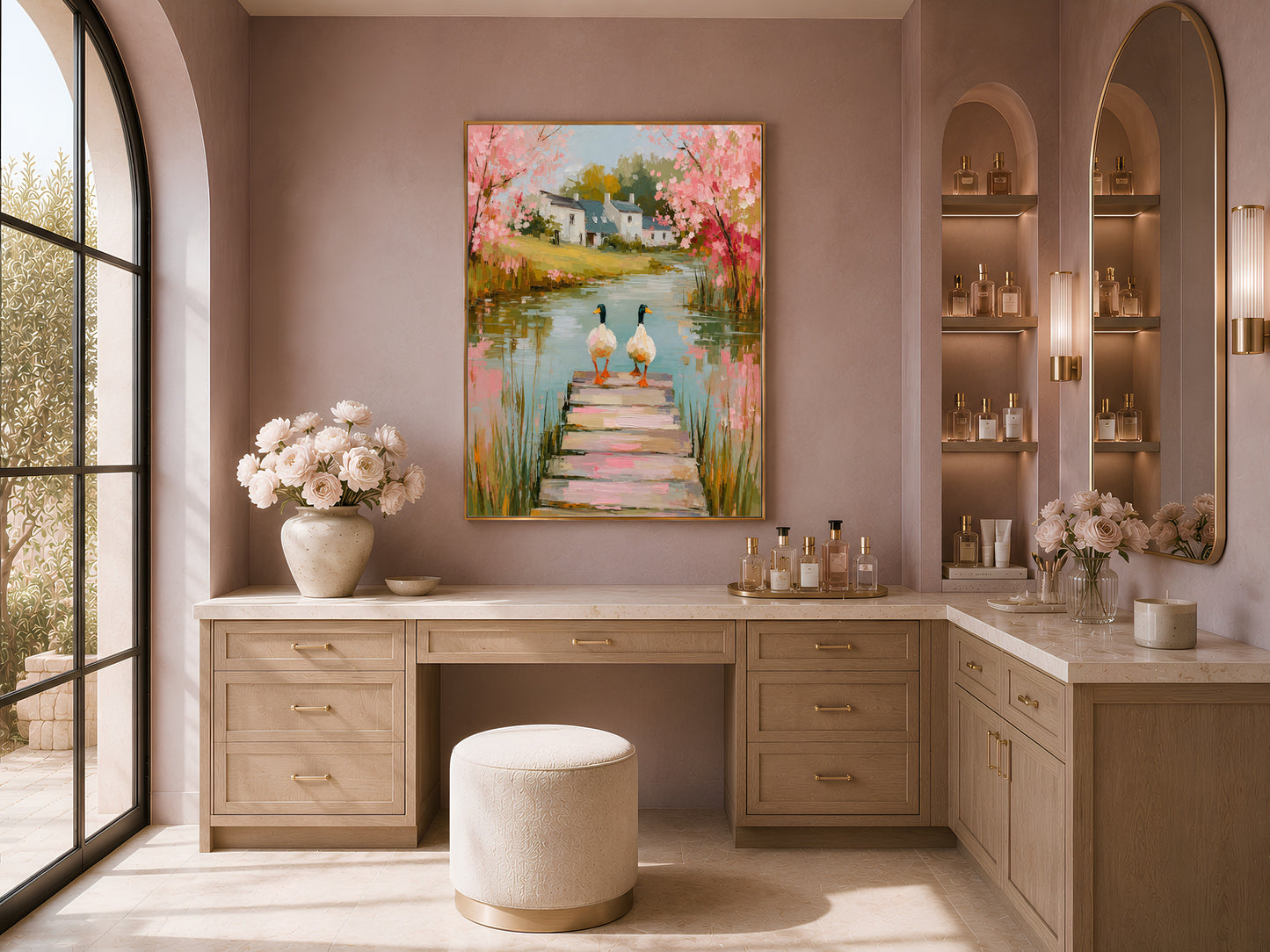 Cherry blossom cottage print above a freestanding tub in a neutral spa bathroom