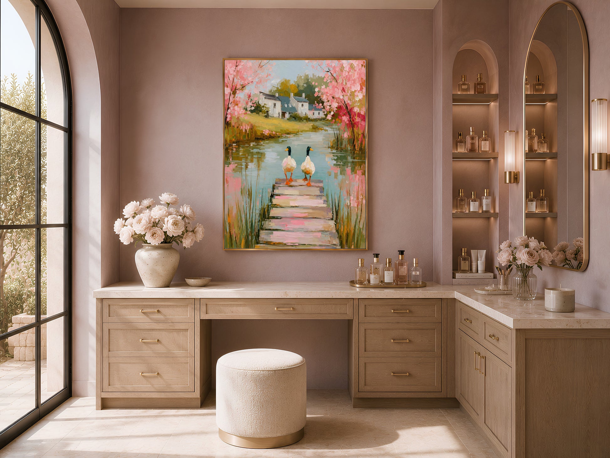 Cherry blossom cottage print above a freestanding tub in a neutral spa bathroom