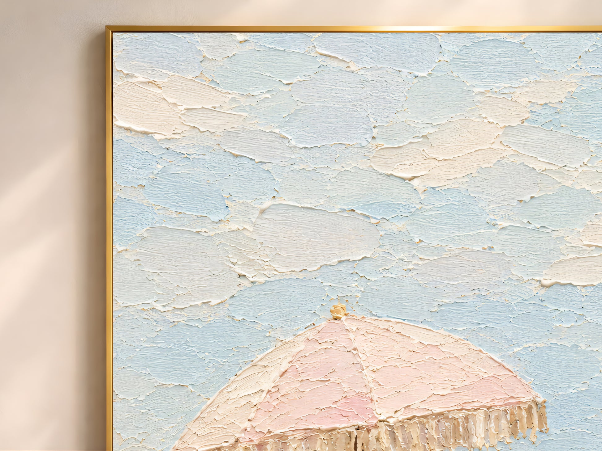 Close-up of pastel beach scene impasto print showing pink fringed umbrella and woman in hat with thick textured paint strokes in blush and cream

