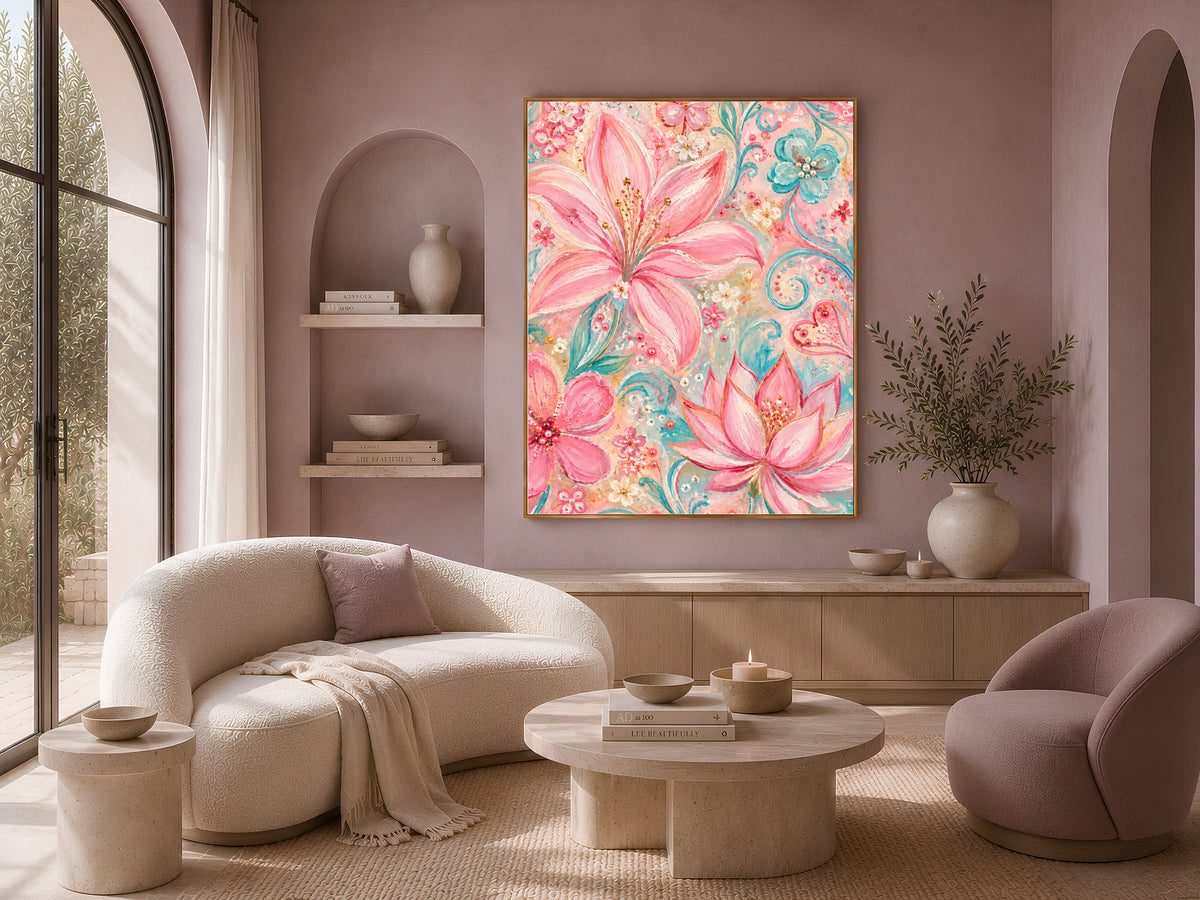 Pink Floral Wall Art, Pastel Lily and Lotus Painting, Pink and Teal Impasto Style Flower Print, Printable Digital Download