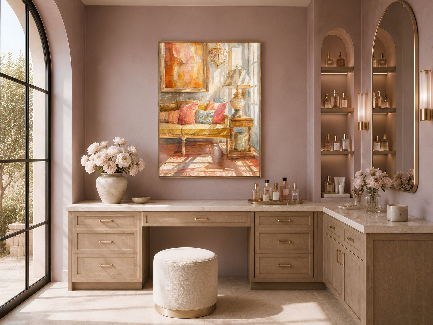 Terracotta abstract impasto wall art in a gold frame above a bathroom vanity and mirror, warm textured print in a mauve powder room