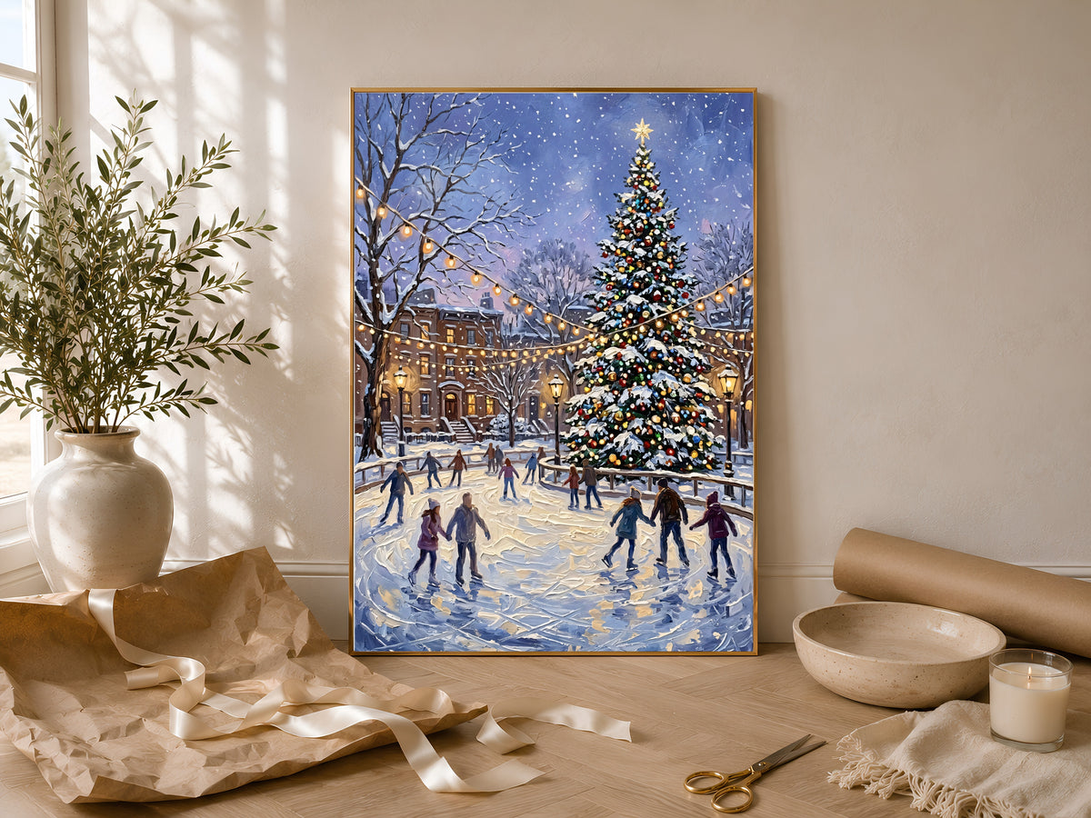 Christmas Ice Skating Print, NYC Christmas Wall Art - Digital Download