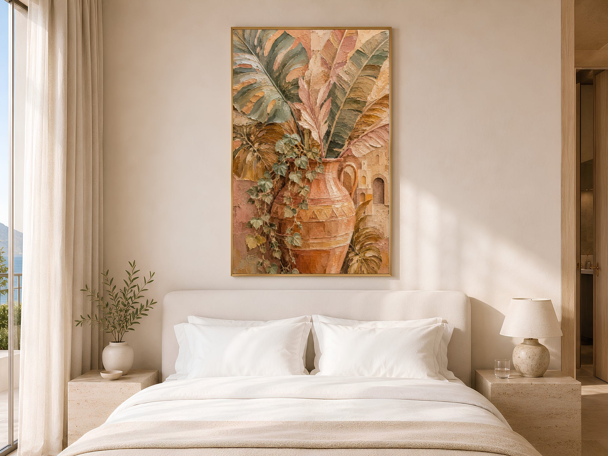 Terracotta botanical vase print in gold frame above white bed in calm neutral bedroom with soft lighting
