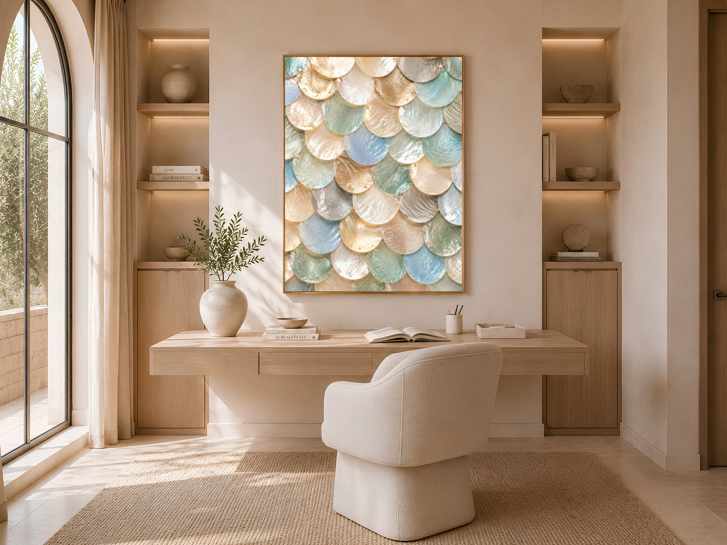 Pearlescent coastal wall art framed above a desk in a sunlit home office nook