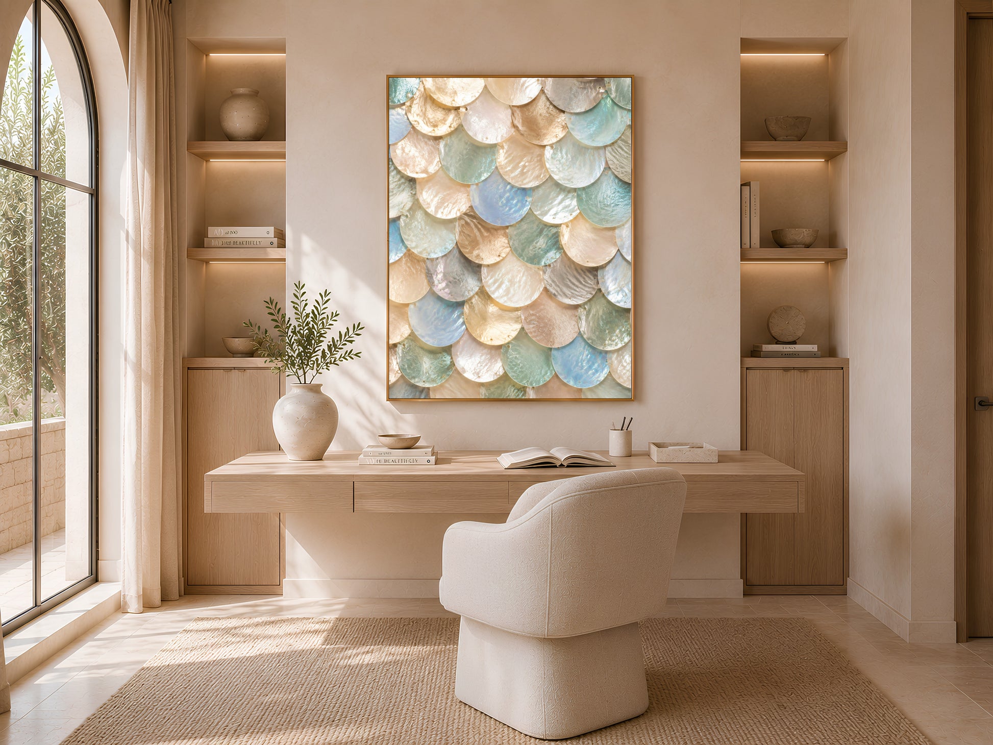 Pearlescent coastal wall art framed above a desk in a sunlit home office nook