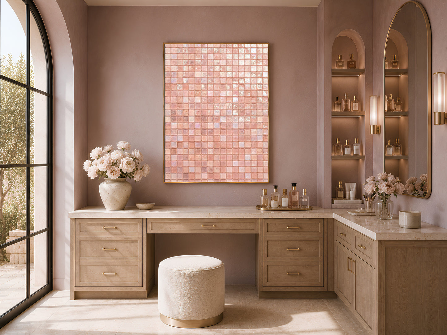 Pink glam mosaic print in a gold frame above a mauve wall in a dressing area with a vanity and stool
