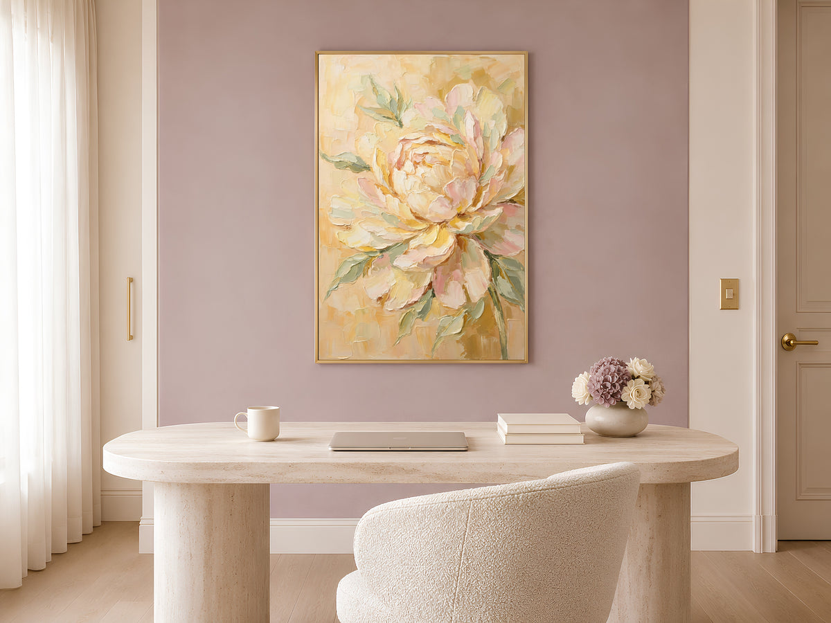 Butter Yellow Peony Wall Art, Blush Pink Impasto Floral Print - Digital Download