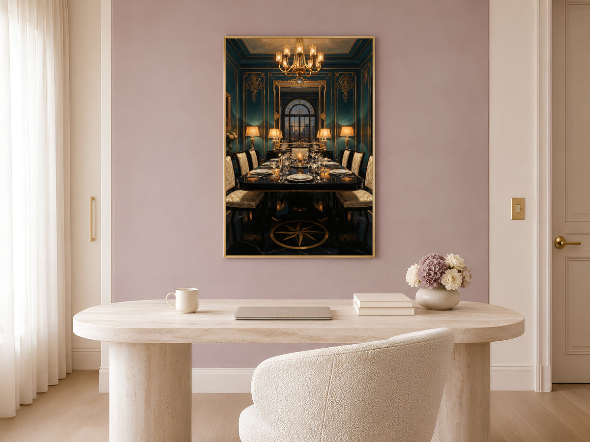 Art Deco Dining Room Wall Art, Teal Gold 1920s Interior Oil Painting - Digital Download